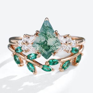 14k yellow gold Vintage kite cut green moss agate engagement ring set marquise cut diamond ring women unique bridal wedding ring set gift