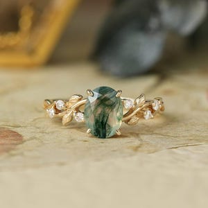 Einzigartige Moosachat Verlobungsring Oval Schnitt Natur inspiriert Blatt Rebe Ring Diamant Gold Frauen Hochzeit Band Jahrestag Versprechen Geschenk für sie