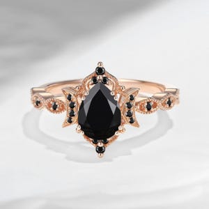 Natural Black Onyx Pear Cut Natural Black Onyx Engagement Ring  Gold Ring Unique Art Deco  Black Gemstone ring Bridal Promise Ring