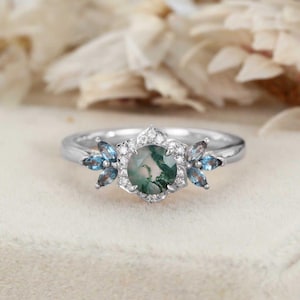 Round cut green moss agate ring vintage yellow gold leaf nature inspired unique engagement ring five stone diamond bridal wedding ring women