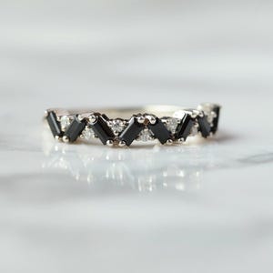Natural Black Onyx Baguette Ring, Minimalist 14k Solid or Sterling Silver, Dainty Statement Jewelry, Onyx Gift for Women