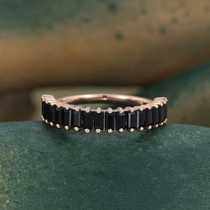 Unique Stacking matching band Bridal Anniversary promise ring Baguette cut Black onyx wedding band rose gold half eternity wedding ring