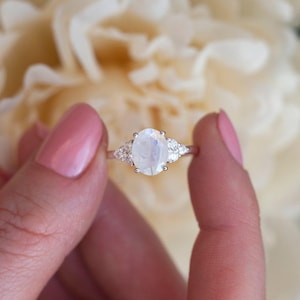 Dainty Moonstone Engagement Ring: Rose Gold Moissanite Cluster, Sterling Silver