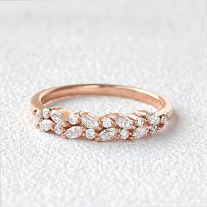 Moissanite wedding band Rose gold wedding band Vintage wedding band Marquise cut Curved band Unique Bridal anniversary Promise band