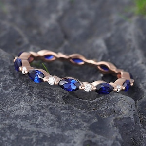 Marquise Cut Lab Blue Sapphire Eternity Ring - Rose Gold Stacking Band