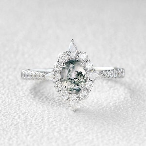 Vintage Nature Moss Agate Ring Oval Cut Solid Gold Ring Unique Engagement Ring Moissanite Diamond Wedding Promise Ring Anniversary For Her