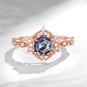 Gothic Vintage hexagon Cut Alexandrite Engagement Ring Rose Gold hexagon cut alexandrite Ring Bridal Set Promise Ring Anniversary Gift