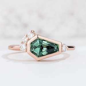 Coffin Cut Olive Green Sapphire Engagement Ring Set: Rose Gold Diamond Cluster