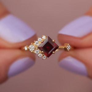 natural garnet ring, cushion cut promise wedding ring, sterling silver ring, red gemstone ring,January birthstone ring