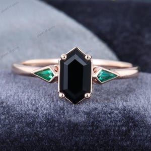 Art Deco Elegant Thin Dainty Engagement Ring, Hexagon Cut Black Onyx  Plain Ring, Stacking Ring, Wedding Ring, Moissanite Diamond Ring