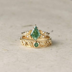 Couple Rings Nature Inspired Moss Agate Engagement Ring Set Agate Wedding Ring Set Men Wedding Band Anniversary Rings For Women and Men