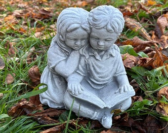 Concrete Kids Reading Statue: Stone Sculpture, Book Lover Gift