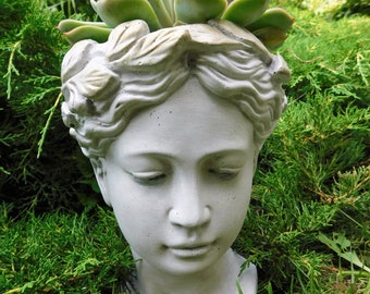 Stone Woman Head Planter: Concrete Face Garden Urn