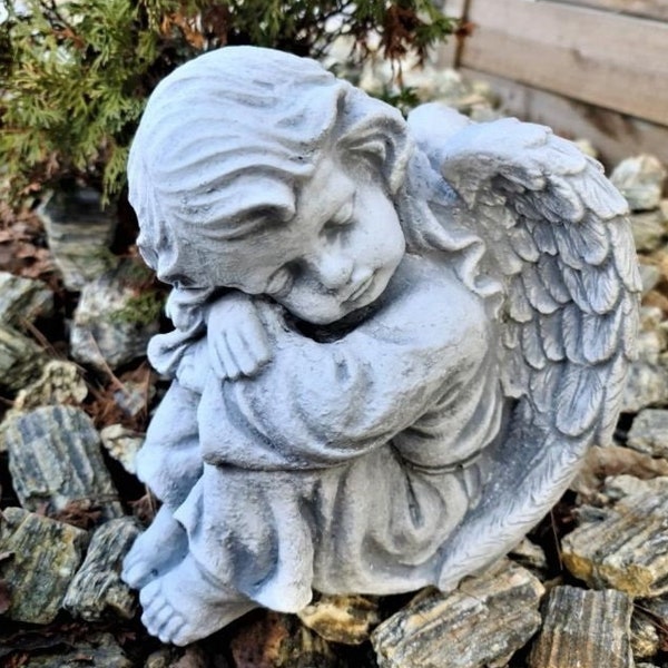 Angel Sitting Concrete Statue, Resting Cherub Stone Sculpture, Cupid Figurine, Religious Garden Ornament, Angel Gift, Home Decor, Yard Art