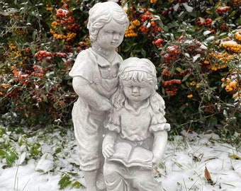 Concrete Children Reading Statue: Garden Ornament, Book Lover Gift