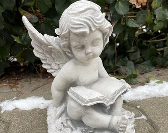 Stone Angel Statue: Reading Cherub, Outdoor Decor (8.7 in)