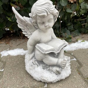 May include: A small, gray stone angel statue with wings, sitting on a base covered in white snow. The angel is holding a book in its lap and has a serene expression on its face.