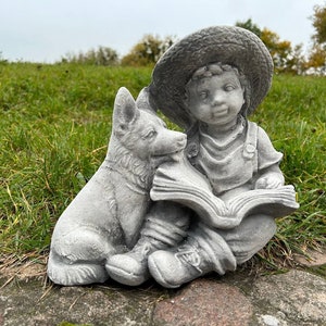 Boy and Dog Garden Statue: White Concrete Outdoor Sculpture
