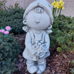 Adorable Concrete Garden Girl with Flowers, Betty Child Sculpture, Outdoor Patio Statue, Charming Cement Figurine, Weatherproof Yard Decor