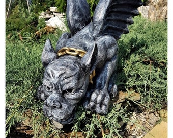 Gárgola con estatuilla de resina de cadena, escultura de troll guardián, adorno de gárgola de perro, figura gótica, obras de arte de resina, decoración de monstruos, arte de patio