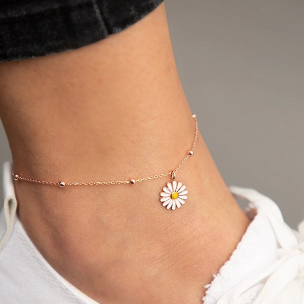 Minimalist Daisy Anklet for Women, 925K Silver Anklet, Birthday Gift for Her, Handmade Jewelry, Summer Beach Anklet, Satellite Chain Anklet