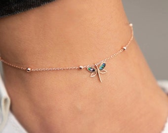 Dragonfly Anklet, Colorful Anklets for Women, Summer Handmade Jewelry, Real 925 Silver Minimalist Anklet, Holiday Gift for Her, Body Jewelry