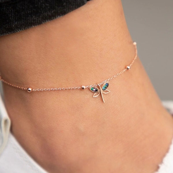 Dragonfly Anklet, Colorful Anklets for Women, Summer Handmade Jewelry, Real 925 Silver Minimalist Anklet, Holiday Gift for Her, Body Jewelry