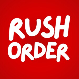 May include: A red background featuring the white text "RUSH ORDER" in a bold, rounded font. The text is centrally positioned and dominates the image, conveying a clear message. The design is simple and striking.