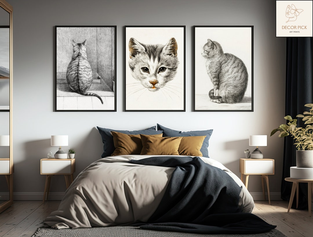 Set of 3 Cat Prints, Vintage Etching, Black and White Cat, Vintage Wall