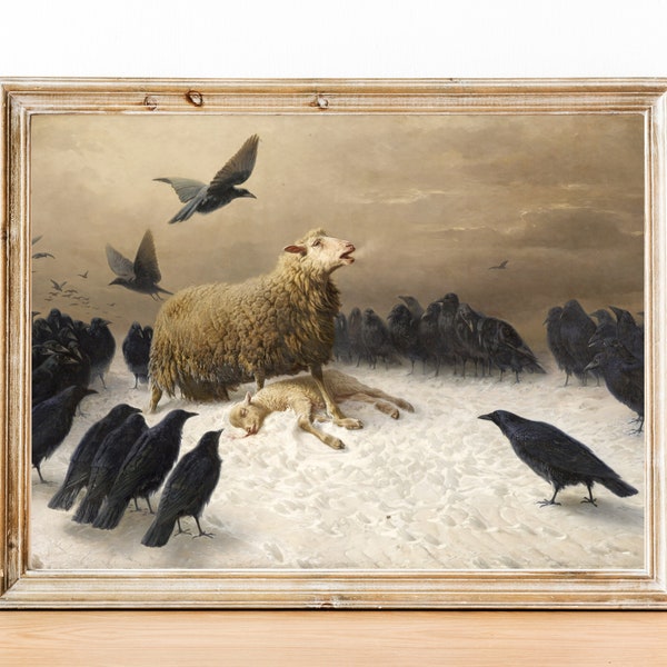 August Friedrich Schenck Painting Print, The Scream Painting, Anguish Sheep And Crows, Famous Artwork, Vintage Style Sadness Animal Painting