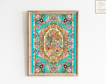 Green Persian Flowers Art, Traditional Persian Miniature, Persian Art, Miniature Painting, Iranian Art, Flowers Print, Birds Print | 235