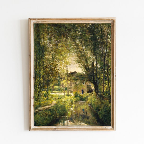 Landscape with a Sunlit Stream by Charles-François Daubigny, Country Oil Painting, Vintage Stream Landscape Print, Rustic Farmhouse | 126