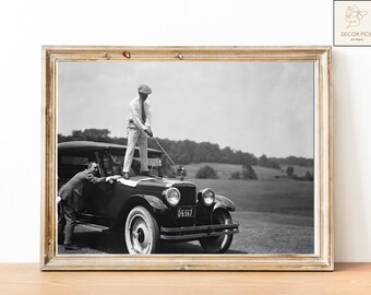 Golfer on Top of Car, Golf Wall Art, Black and White Art, Vintage Wall Art, Funny Wall Art, Antique Car Digital DOWNLOAD, PRINTABLE Wall Art