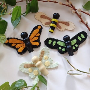 Bees & Butterflies Peg Dolls // Wool Felt Butterfly Peg Doll // Monarch Butterfly // Honey Bee // Luna Moth // MADE TO ORDER