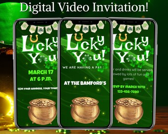 Editable St. Patrick's Day Video Invitation with Music, Shamrock Evite, Animated Video, Irish Party, Canva Template, Lucky You V2 008
