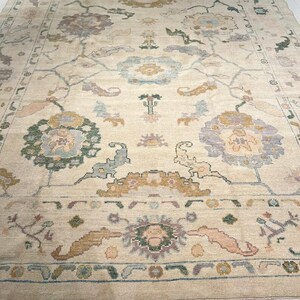 Hand-Knotted Oushak Wool Rug: Muted Multi Area Rug, Vintage Turkish Design