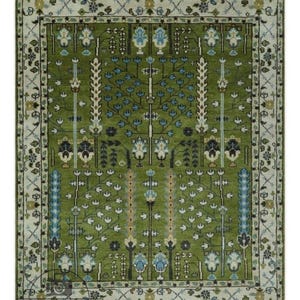 Green Oushak Hand-Knotted Wool Rug: Modern Turkish Design