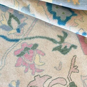 Hand-Knotted Oushak Wool Rug: Beige & Blue Vintage Turkish Area Rug