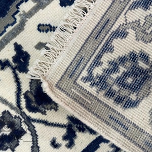 Hand-Knotted Blue Oushak Wool Rug: Turkish Antique Design