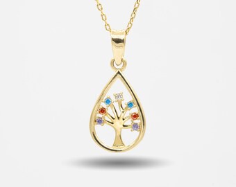 14k Gold Family Tree Necklace: Personalized Gemstone Pendant