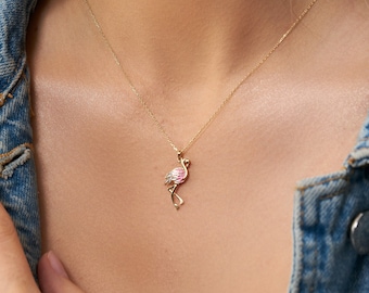 14K Solid Gold Flamingo Necklace: Dainty Handmade Jewelry