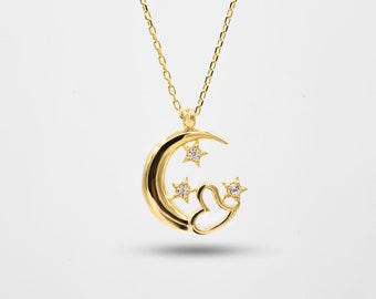 Celestial 14k Gold Necklace: Moon, Star & Heart Pendant