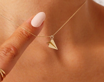 Paper Plane 14k Gold Necklace,Tiny Fine Jewelry for Women,Gift for her,Dainty plane Jewelry,Anniversary day gift,Tiny Handmade Jewelry