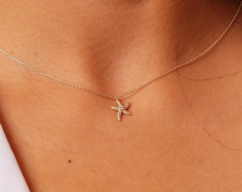 14K Gold Starfish Necklace: Dainty Sea Pendant, Handmade Fine Jewelry
