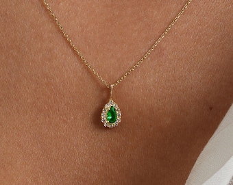 14k Solid Gold Emerald Pendant Necklace: Fine Jewelry Gift
