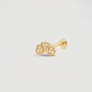 Three Hearth Stud Tragus Earring,Gift For her,Dainty Minimal Tragus,Gift For Woman,Birthday gift,Solid Gold  Earrings,Dainty Piercing