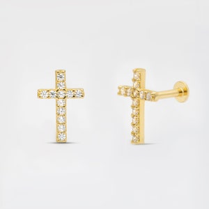 Piercing de cruz con perno prisionero, piercing de cruz con rosca en oro de 14 k, delicado pendiente de cruz con perno prisionero, regalo de San Valentín, delicado piercing de hélice con perno prisionero