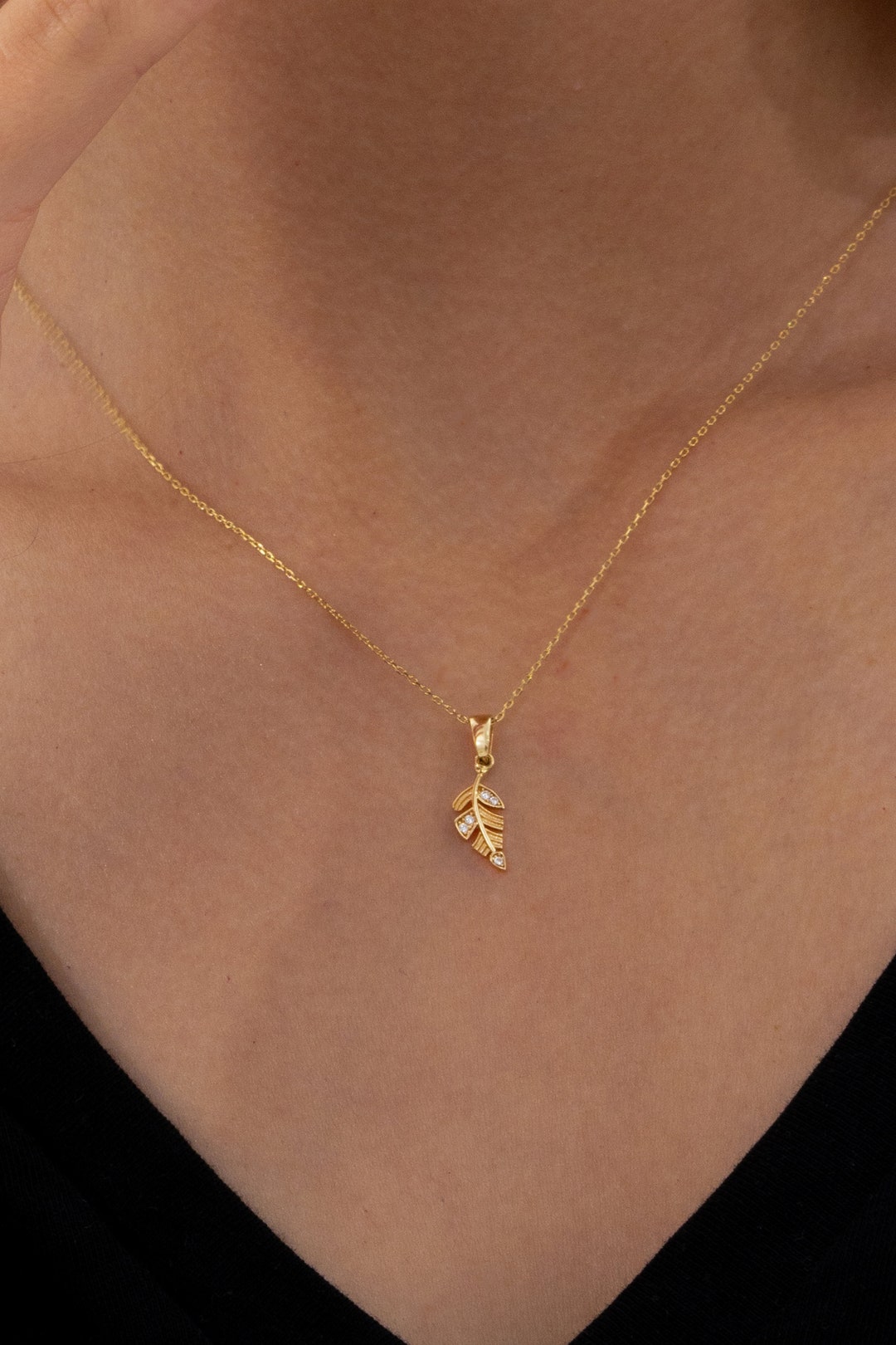 14k Solid Gold Leaf Pendant, Real Solid Gold Leaf Necklace, Yellow Rose