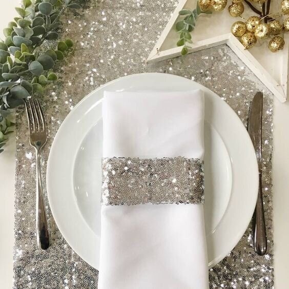 Set of 12 Silver Sequin Napkins, 30cm x 30cm Dinner Cloth Napkins, Glitter  Table Napkins for Wedding Party Reception Events Kitchen Home Thanksgiving