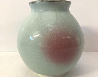 Handmade Studio Pottery Ceramic Vase, Light Teal with Blush Accent